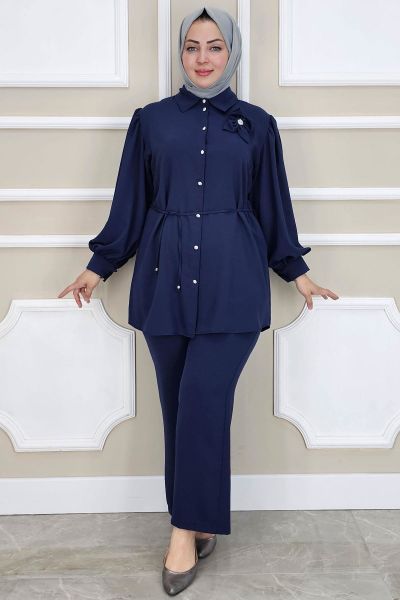 PYS KADIN ÇİÇEK BROŞ DETAYLI TESETTÜR TAKIM LACİVERT - 2 BEDEN