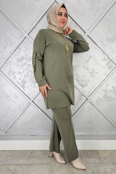 KADIN KOLYE DETAYLI TESETTÜR TAKIM HAKİ - 5 BEDEN