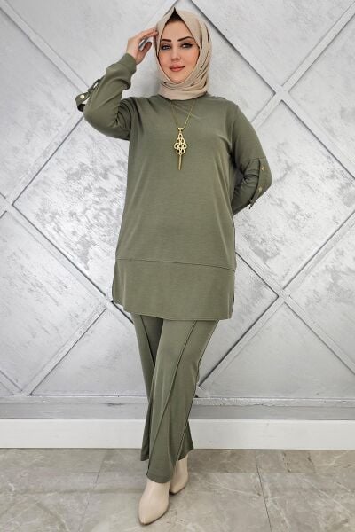 KADIN KOLYE DETAYLI TESETTÜR TAKIM HAKİ - 5 BEDEN