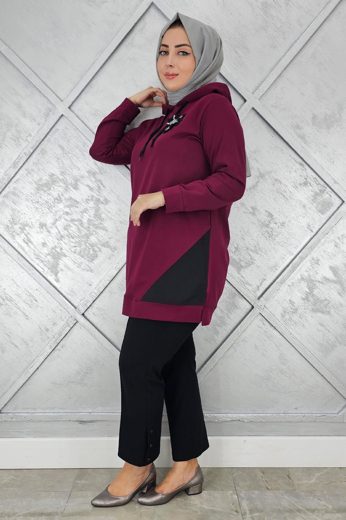KADIN KOMBİNLİ KAPÜŞONLU TESETTÜR TUNİK BORDO - 4 BEDEN