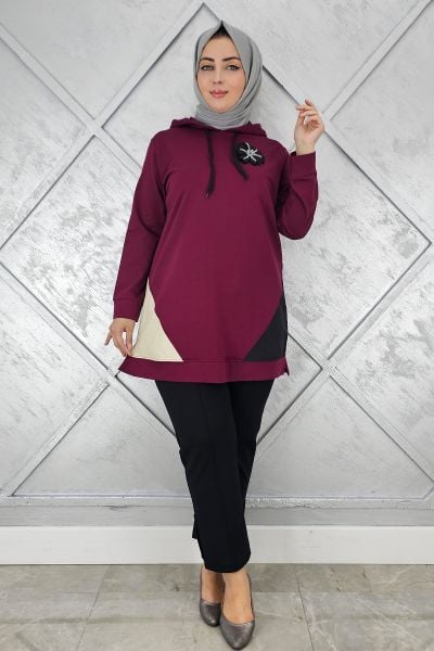 KADIN KOMBİNLİ KAPÜŞONLU TESETTÜR TUNİK BORDO - 4 BEDEN