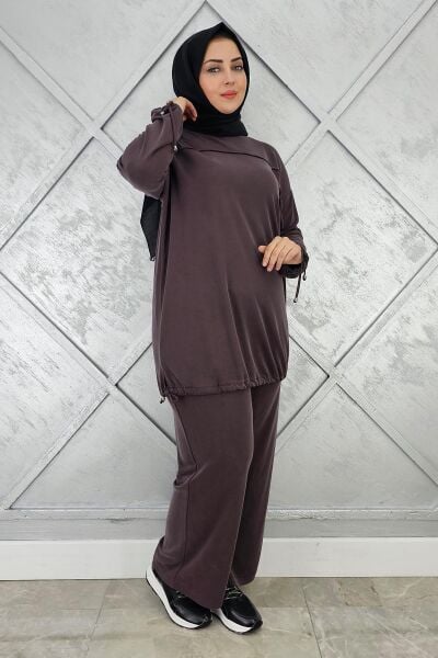 KADIN TAŞ DETAYLI MANŞETİ BAĞCIKLI TESETTÜR TAKIM KAHVERENGİ - 2 BEDEN
