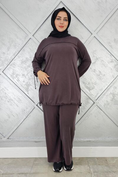 KADIN TAŞ DETAYLI MANŞETİ BAĞCIKLI TESETTÜR TAKIM KAHVERENGİ - 2 BEDEN