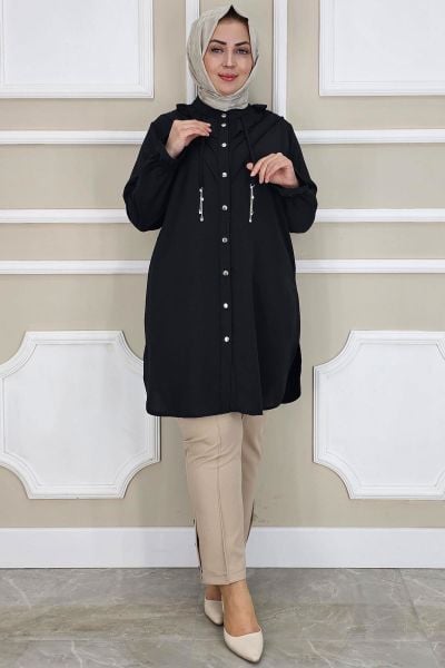 PYS KADIN FIRFIR DETAYLI TESETTÜR GÖMLEK SİYAH - 2 BEDEN