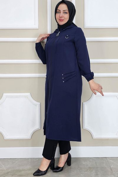 PYS KADIN KAPÜŞONLU NERVÜR DİKİM DETAYLI TESETTÜR KAP LACİVERT - 3 BEDEN