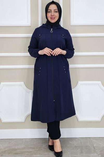 PYS KADIN KAPÜŞONLU NERVÜR DİKİM DETAYLI TESETTÜR KAP LACİVERT - 3 BEDEN