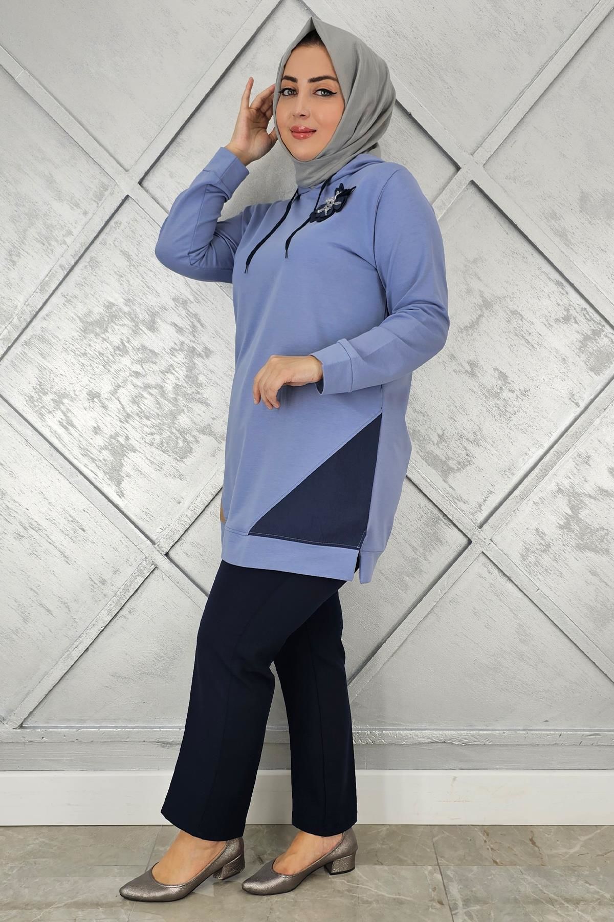 KADIN KOMBİNLİ KAPÜŞONLU TESETTÜR TUNİK MAVİ - 2 BEDEN