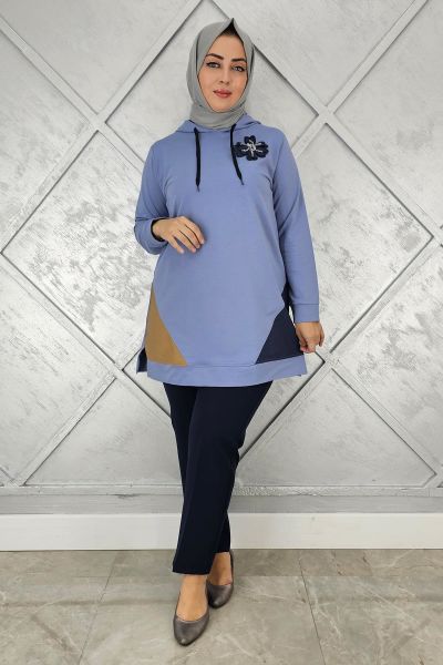KADIN KOMBİNLİ KAPÜŞONLU TESETTÜR TUNİK MAVİ - 2 BEDEN