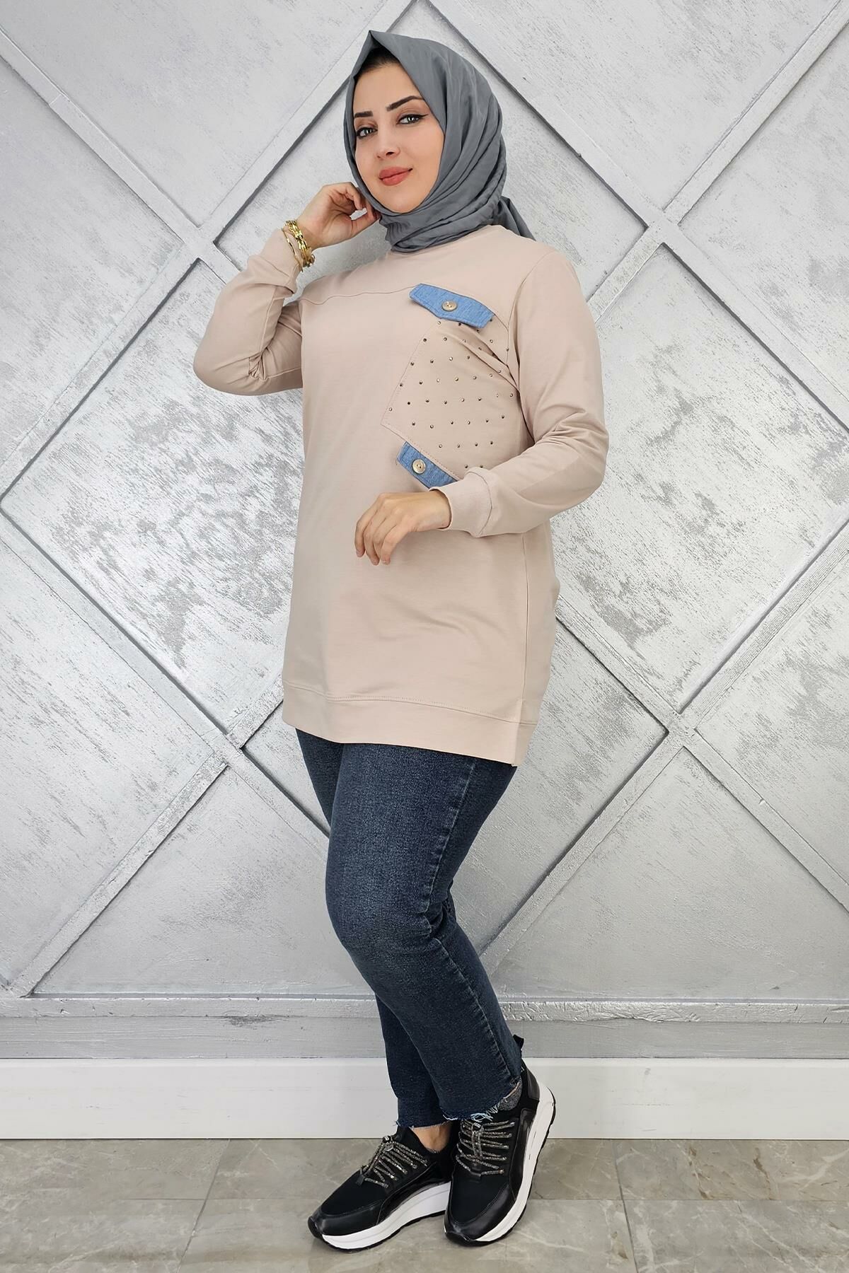 KADIN TAŞ VE DÜĞME DETAYLI TESETTÜR TUNİK BEJ - L