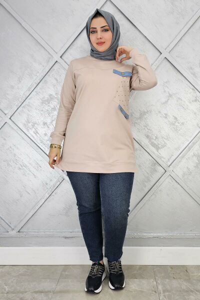 KADIN TAŞ VE DÜĞME DETAYLI TESETTÜR TUNİK BEJ - L