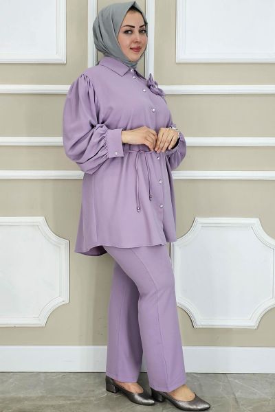 PYS KADIN ÇİÇEK BROŞ DETAYLI TESETTÜR TAKIM LİLA - 2 BEDEN