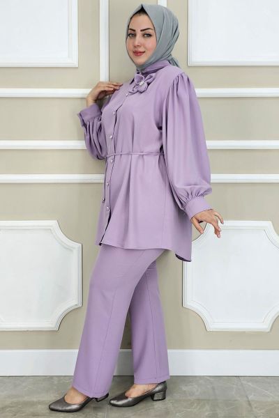 PYS KADIN ÇİÇEK BROŞ DETAYLI TESETTÜR TAKIM LİLA - 2 BEDEN
