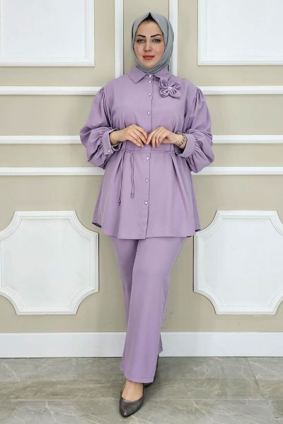 PYS KADIN ÇİÇEK BROŞ DETAYLI TESETTÜR TAKIM LİLA - 2 BEDEN