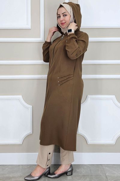 PYS KADIN KAPÜŞONLU NERVÜR DİKİM DETAYLI TESETTÜR KAP KAHVERENGİ - 3 BEDEN