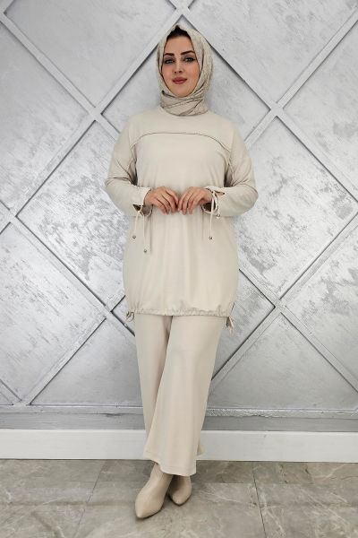 KADIN TAŞ DETAYLI MANŞETİ BAĞCIKLI TESETTÜR TAKIM TAŞ - 2 BEDEN