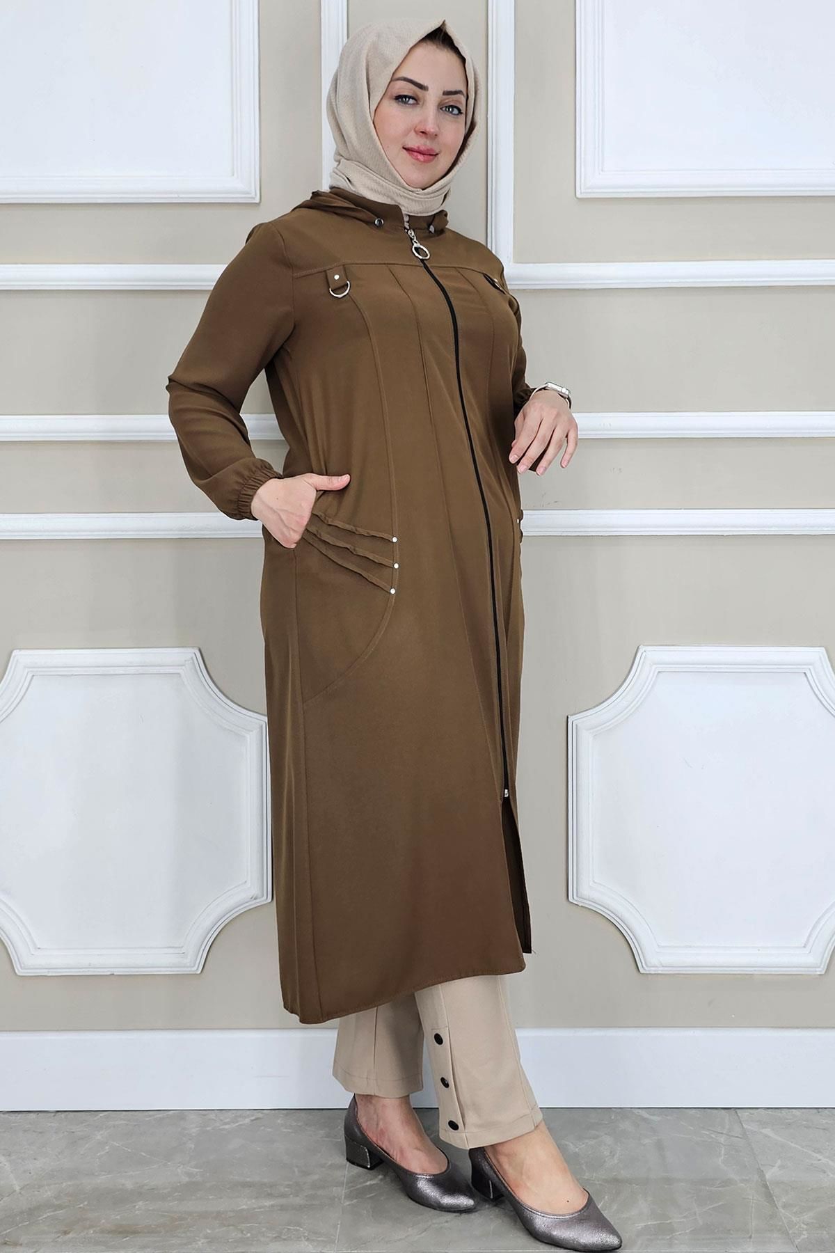 PYS KADIN KAPÜŞONLU NERVÜR DİKİM DETAYLI TESETTÜR KAP KAHVERENGİ - 4 BEDEN