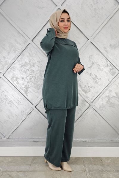 KADIN TAŞ DETAYLI MANŞETİ BAĞCIKLI TESETTÜR TAKIM YEŞİL - 3 BEDEN