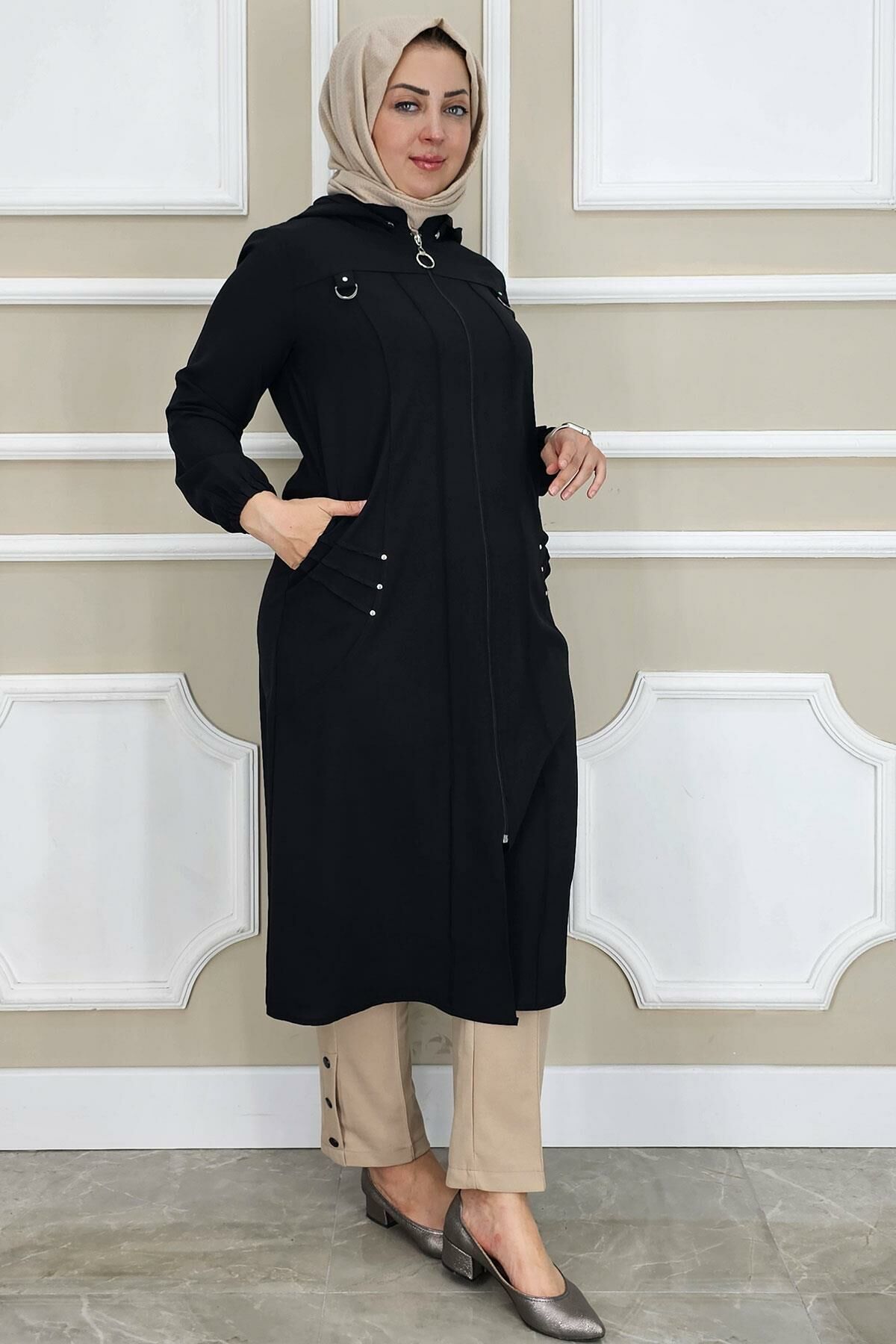 PYS KADIN KAPÜŞONLU NERVÜR DİKİM DETAYLI TESETTÜR KAP SİYAH - 4 BEDEN