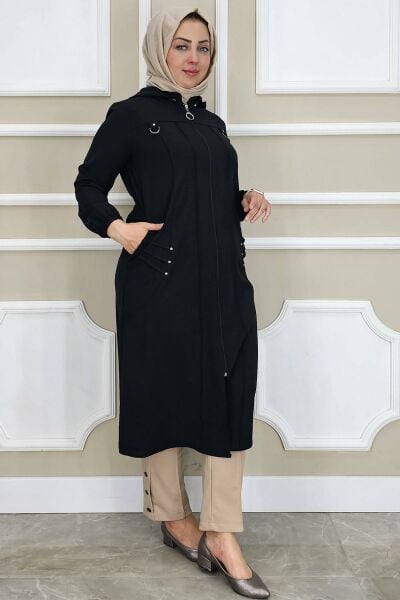 PYS KADIN KAPÜŞONLU NERVÜR DİKİM DETAYLI TESETTÜR KAP SİYAH - 4 BEDEN
