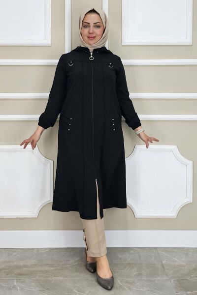 PYS KADIN KAPÜŞONLU NERVÜR DİKİM DETAYLI TESETTÜR KAP SİYAH - 4 BEDEN