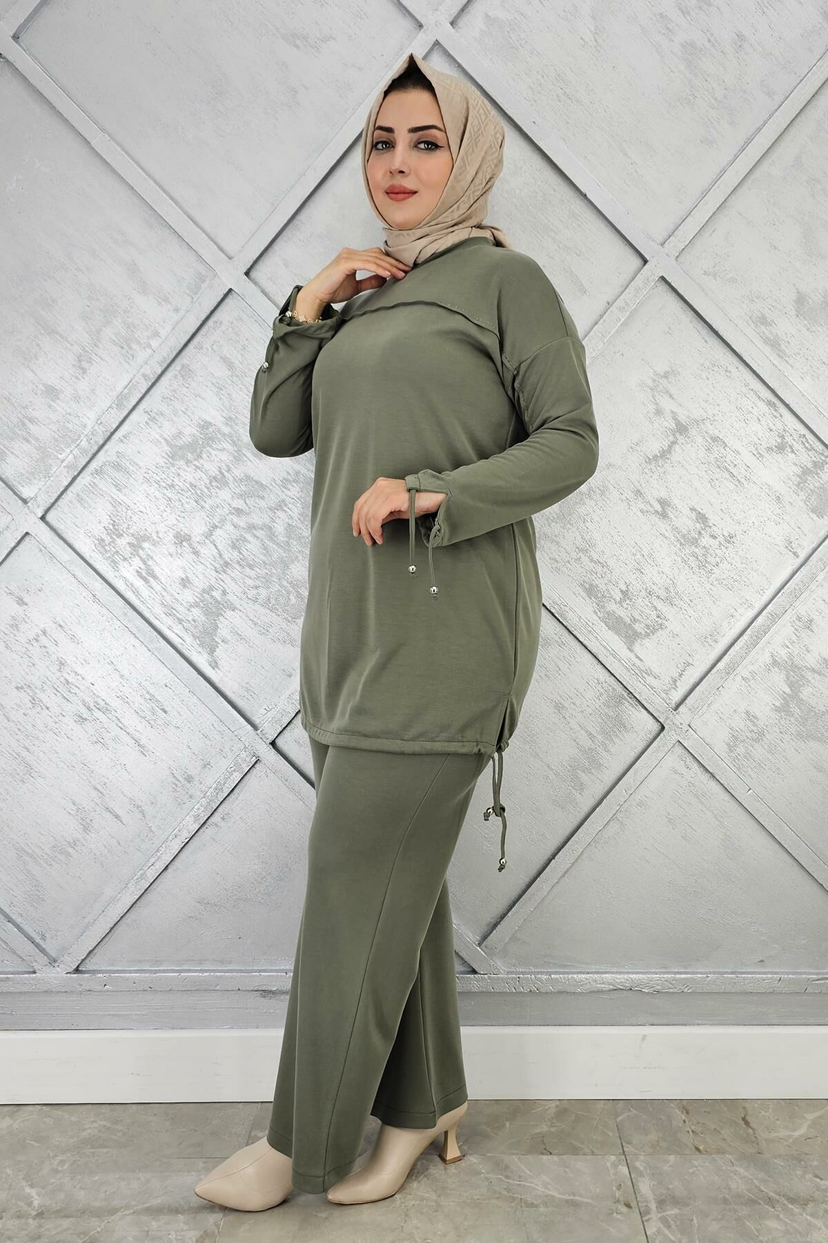 KADIN TAŞ DETAYLI MANŞETİ BAĞCIKLI TESETTÜR TAKIM HAKİ - 3 BEDEN