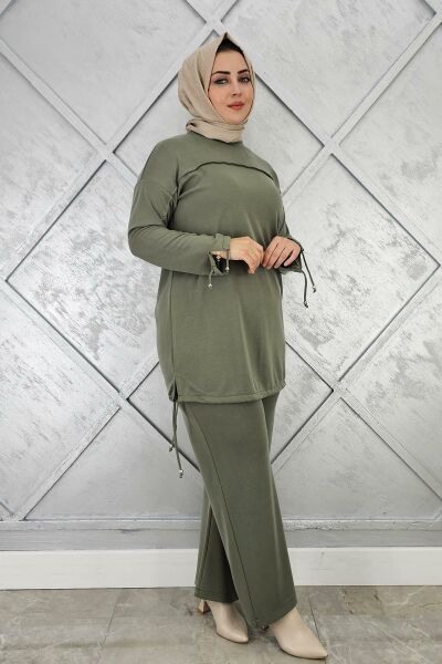 KADIN TAŞ DETAYLI MANŞETİ BAĞCIKLI TESETTÜR TAKIM HAKİ - 3 BEDEN