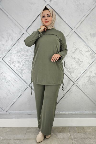 KADIN TAŞ DETAYLI MANŞETİ BAĞCIKLI TESETTÜR TAKIM HAKİ - 3 BEDEN