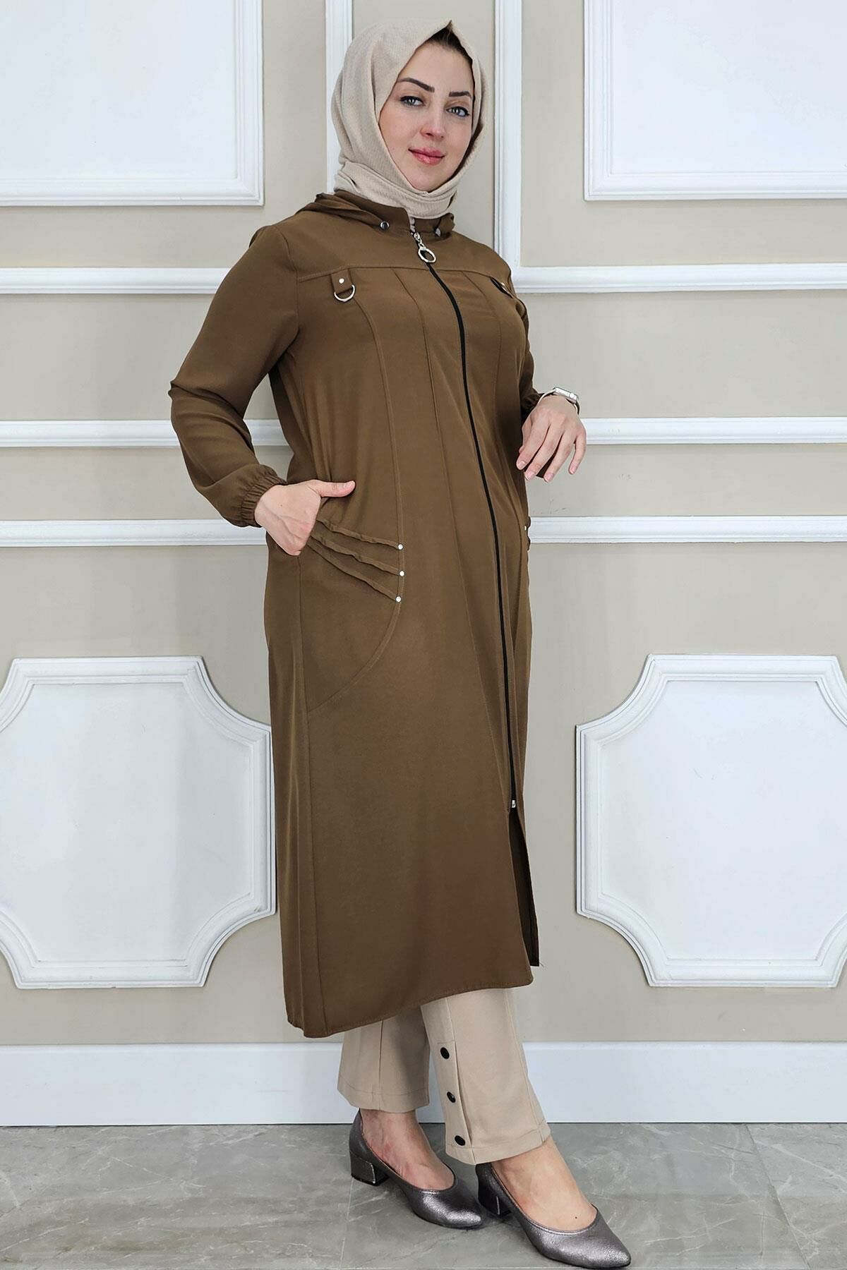 PYS KADIN KAPÜŞONLU NERVÜR DİKİM DETAYLI TESETTÜR KAP KAHVERENGİ - 2 BEDEN