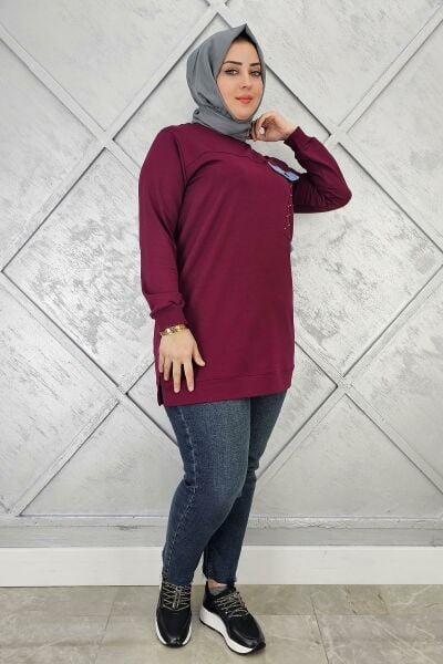KADIN TAŞ VE DÜĞME DETAYLI TESETTÜR TUNİK BORDO - 2XL