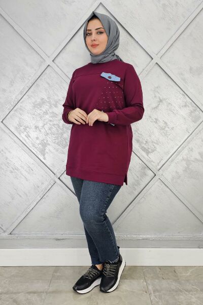 KADIN TAŞ VE DÜĞME DETAYLI TESETTÜR TUNİK BORDO - 2XL
