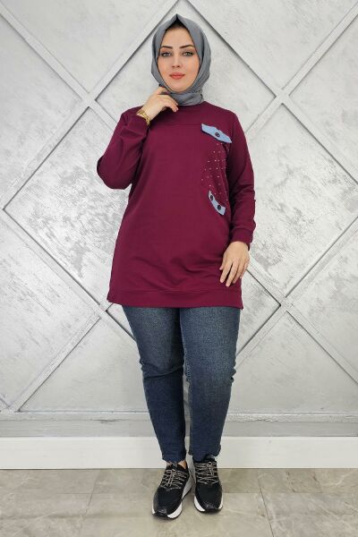 KADIN TAŞ VE DÜĞME DETAYLI TESETTÜR TUNİK BORDO - 2XL