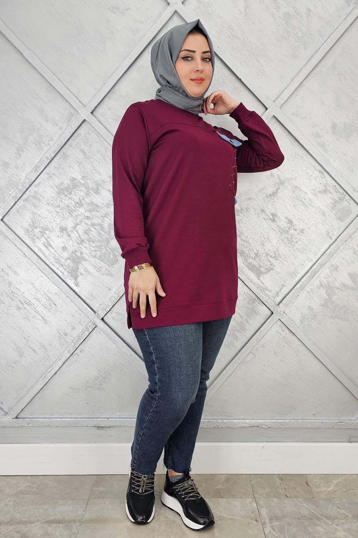 KADIN TAŞ VE DÜĞME DETAYLI TESETTÜR TUNİK BORDO - 3XL