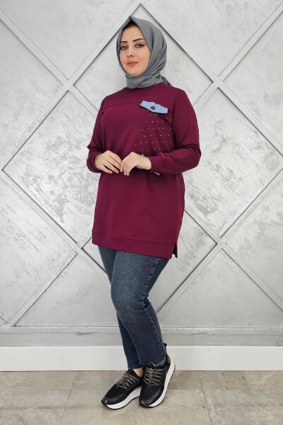 KADIN TAŞ VE DÜĞME DETAYLI TESETTÜR TUNİK BORDO - 3XL