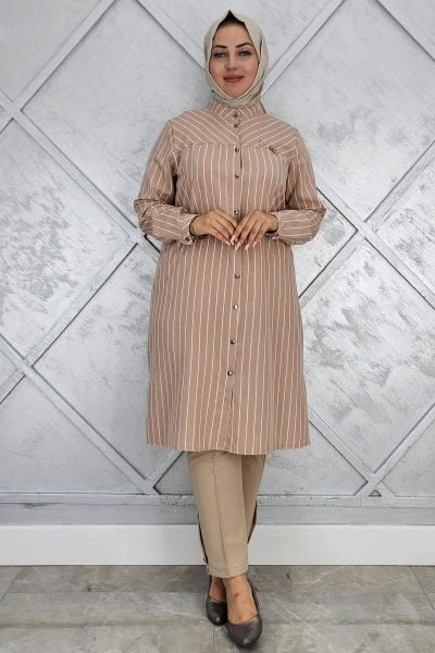 PYS KADIN BROŞLU ÇİZGİLİ KETEN TESETTÜR GÖMLEK