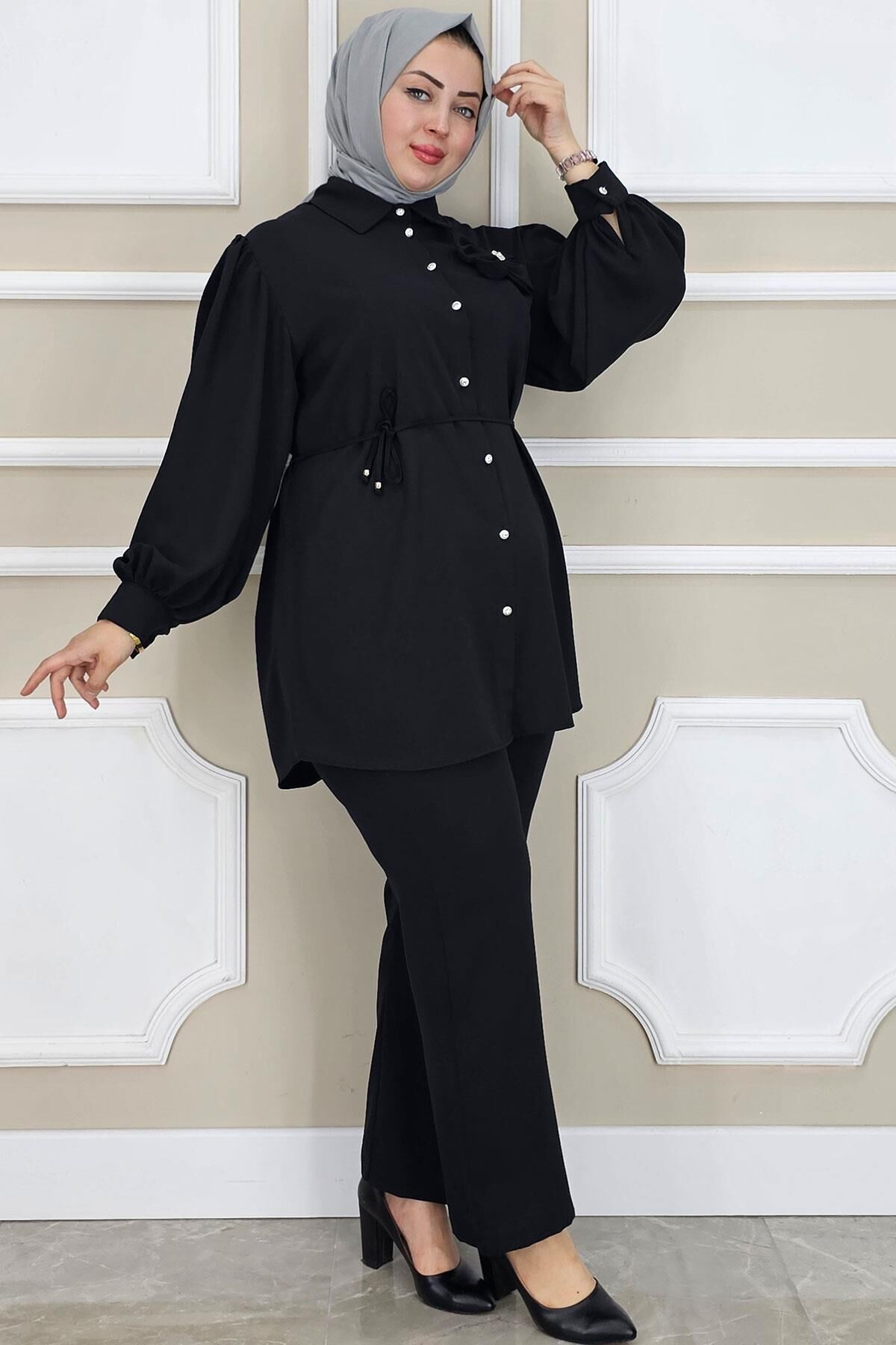PYS KADIN ÇİÇEK BROŞ DETAYLI TESETTÜR TAKIM SİYAH - 3 BEDEN