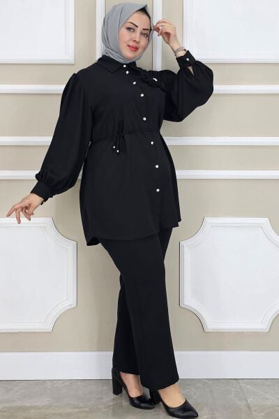 PYS KADIN ÇİÇEK BROŞ DETAYLI TESETTÜR TAKIM SİYAH - 3 BEDEN