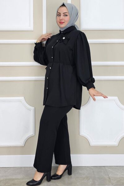 PYS KADIN ÇİÇEK BROŞ DETAYLI TESETTÜR TAKIM SİYAH - 3 BEDEN