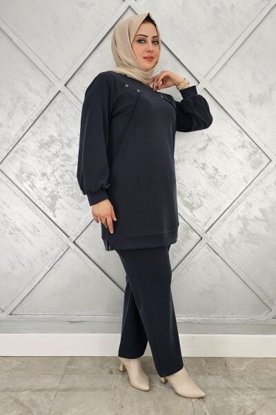 KADIN DÜĞME DETAYLI NERVÜR DİKİM TESETTÜR TAKIM SİYAH - 4 BEDEN