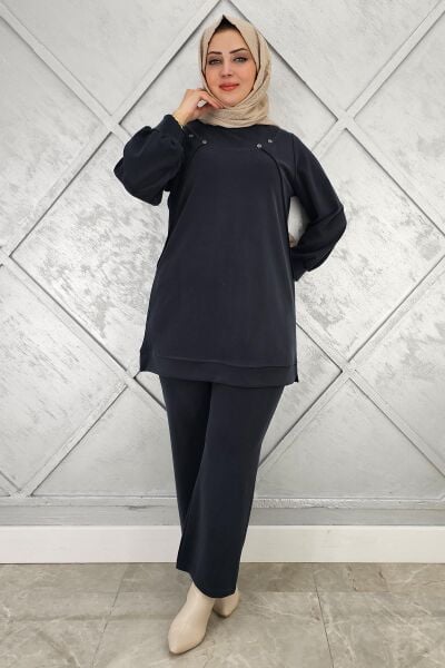 KADIN DÜĞME DETAYLI NERVÜR DİKİM TESETTÜR TAKIM SİYAH - 4 BEDEN