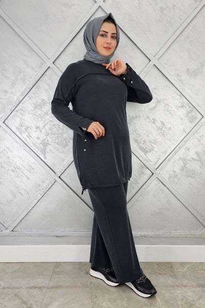 KADIN TAŞ DETAYLI MANŞETİ BAĞCIKLI TESETTÜR TAKIM SİYAH - 5 BEDEN