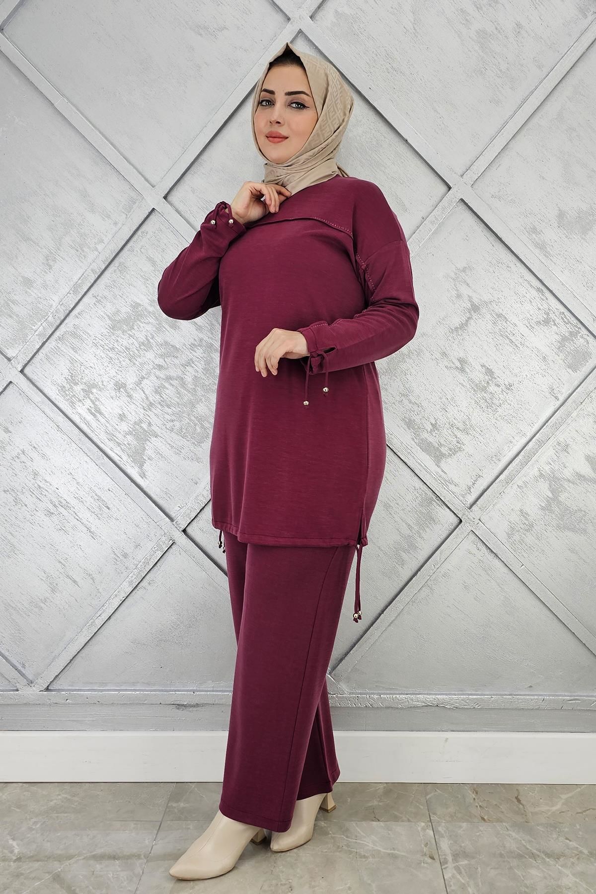 KADIN TAŞ DETAYLI MANŞETİ BAĞCIKLI TESETTÜR TAKIM BORDO - 2 BEDEN