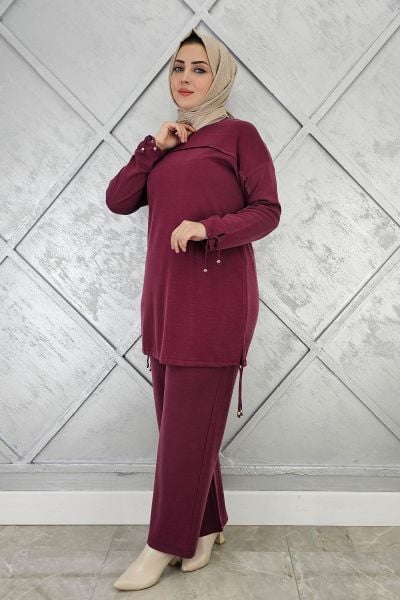 KADIN TAŞ DETAYLI MANŞETİ BAĞCIKLI TESETTÜR TAKIM BORDO - 2 BEDEN