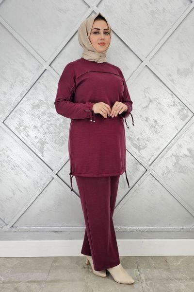 KADIN TAŞ DETAYLI MANŞETİ BAĞCIKLI TESETTÜR TAKIM BORDO - 2 BEDEN