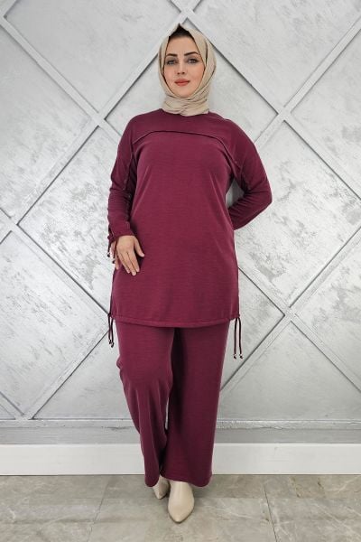 KADIN TAŞ DETAYLI MANŞETİ BAĞCIKLI TESETTÜR TAKIM BORDO - 2 BEDEN