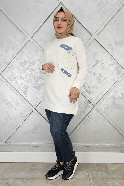 KADIN TAŞ VE DÜĞME DETAYLI TESETTÜR TUNİK EKRU - XL