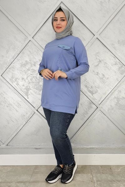KADIN TAŞ VE DÜĞME DETAYLI TESETTÜR TUNİK MAVİ - L
