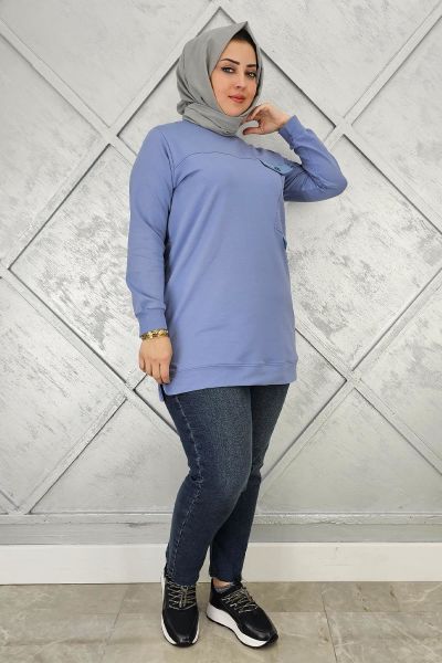 KADIN TAŞ VE DÜĞME DETAYLI TESETTÜR TUNİK MAVİ - L