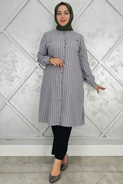 PYS KADIN BROŞLU ÇİZGİLİ KETEN TESETTÜR GÖMLEK GRİ - 5 BEDEN