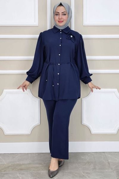 PYS KADIN ÇİÇEK BROŞ DETAYLI TESETTÜR TAKIM LACİVERT - 3 BEDEN