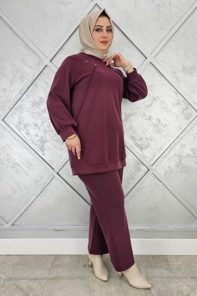 KADIN DÜĞME DETAYLI NERVÜR DİKİM TESETTÜR TAKIM BORDO - 2 BEDEN